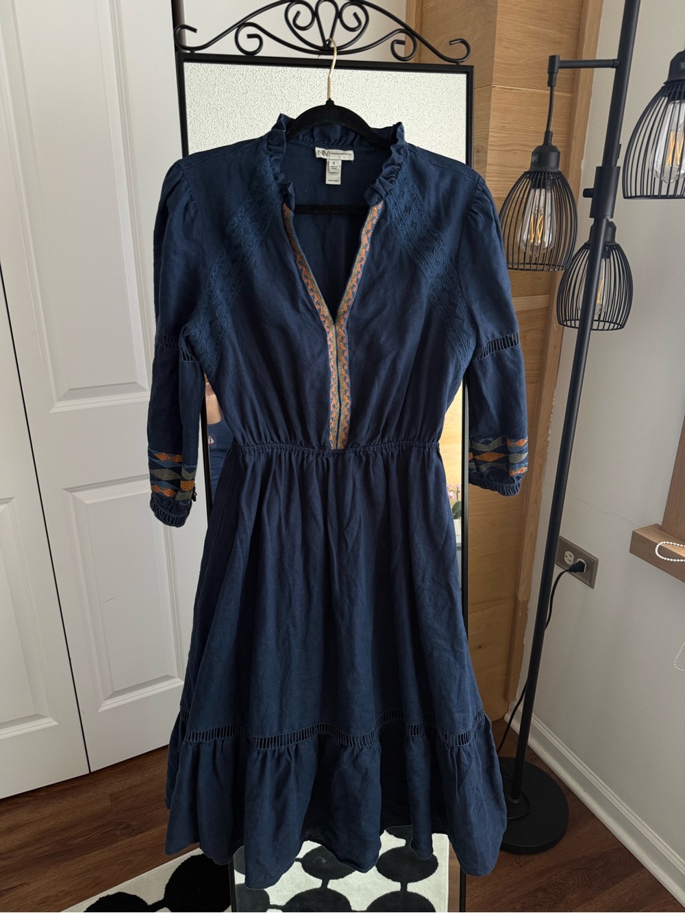 Neiman Marcus Navy Embroidered-Trim Midi Dress